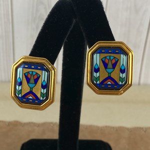 Vintage Michaela Frey Enamel Revival Art Deco multi color clip errings
